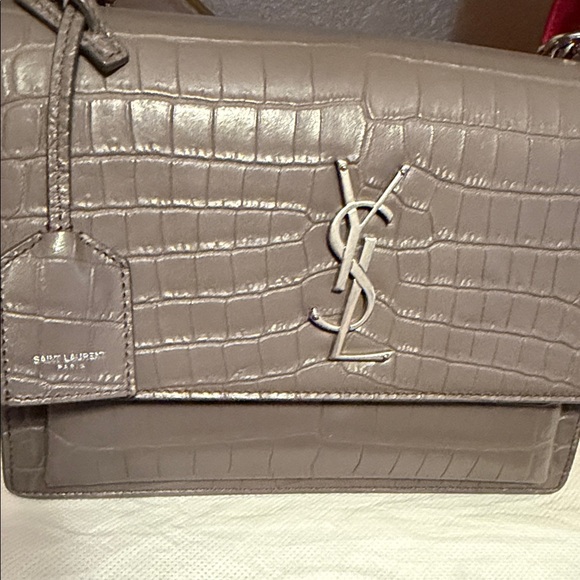 Saint Laurent Croc-Embossed Shoulder Bag in Taupe Gray - Picture 2 of 4